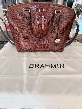 Brahmin Chestnut Croc-Embossed Satchel with Gold Hardware